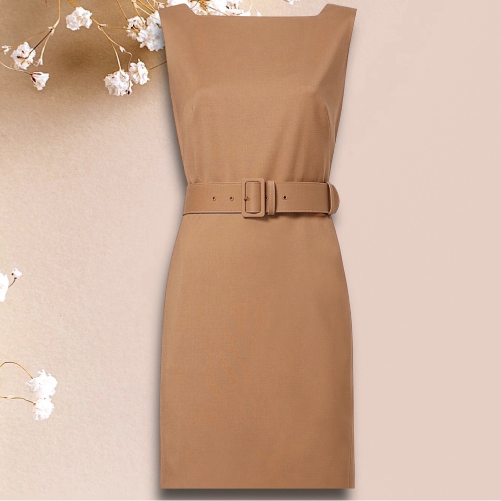 NWT MM LaFleur Cynthia 1.0 Washable Wool Twill Sleeveless Dress Camel Si…